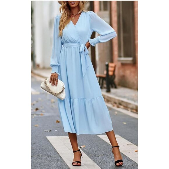 Womens Boho Small Light Blue Long Sleeve Midi Dress Elastic Waist Belt Wedding - Picture 4 of 12